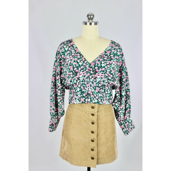 Zara Tops - ZARA Green Pink Floral Print Cropped Smocked Puff Sleeve Blouse Top, Size L